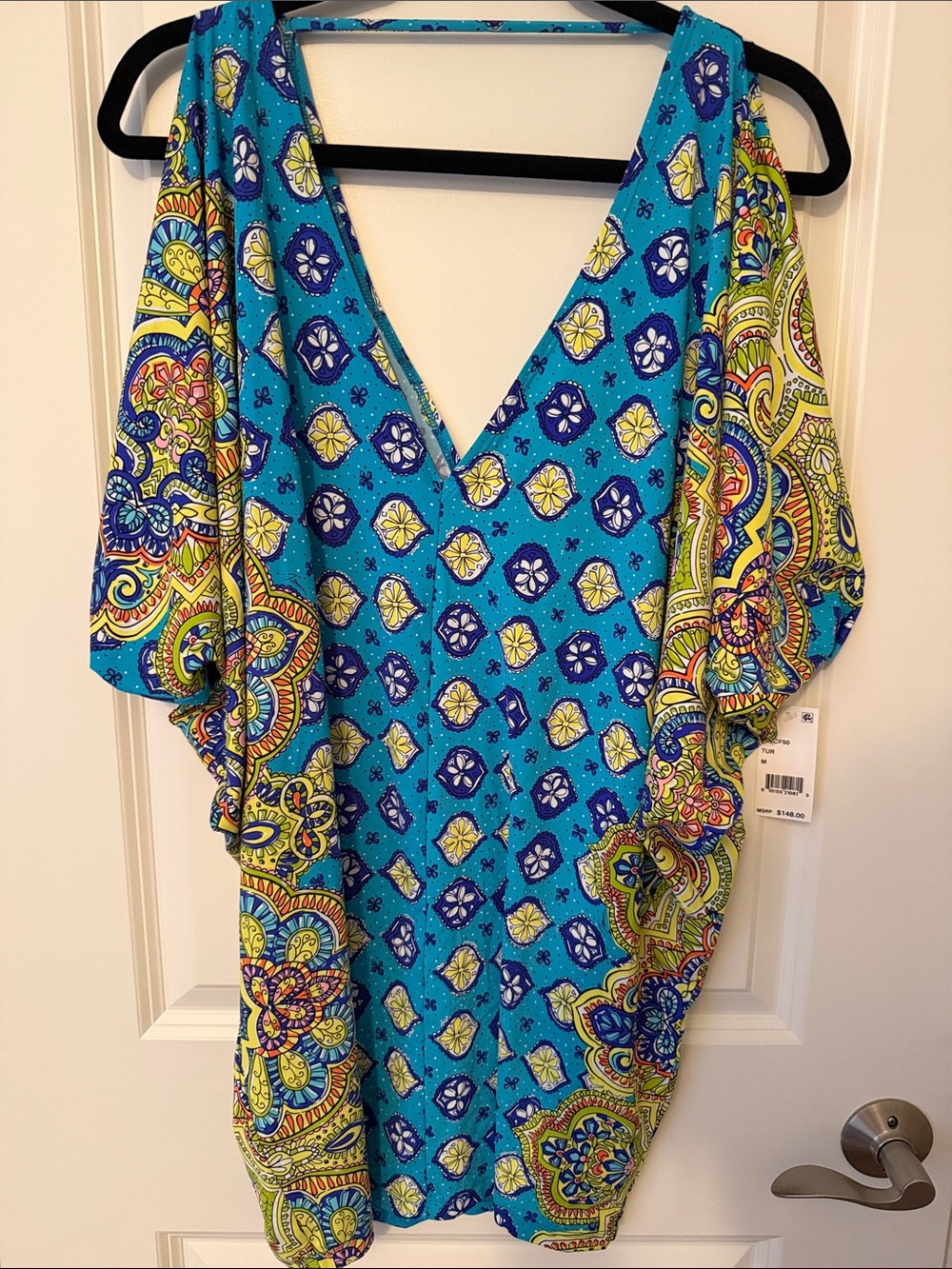 Trina Turk Turquoise Blue Paisley V-Neck Tunic